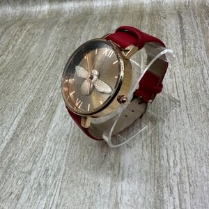 Olivia Burton Signature 28mm Bee Carnation Gold & Red‎ Leather Strap Watch